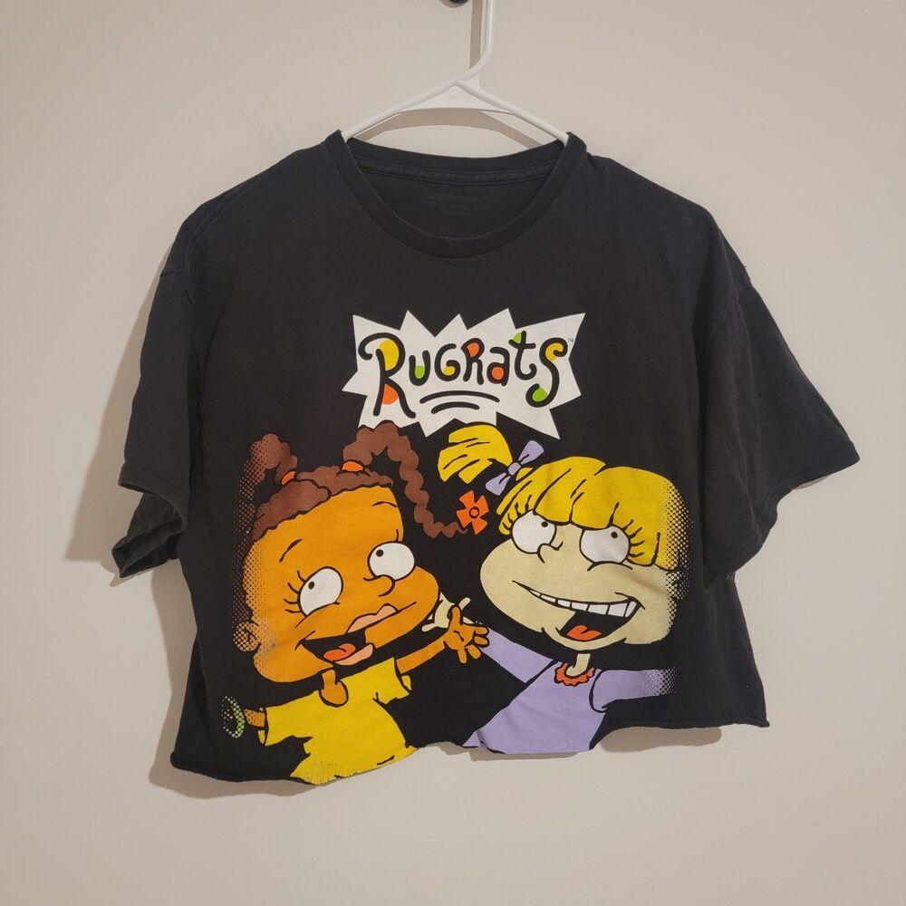 Rugrats Womens Crop Top Size Large L‎ Black Graphic Tee Kidcore